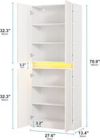 Furnify 71" Tall Pantry Storage Cabinet, Kitchen Pantry with High Gloss Doors, Modern Buffet Hutch Cabinet with Led Light and Adjustable Shelves for Dining Room, Living Room, White