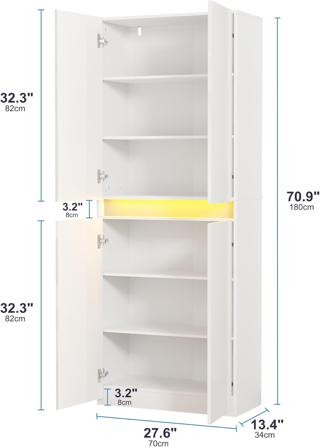 Furnify 71" Tall Pantry Storage Cabinet, Kitchen Pantry with High Gloss Doors, Modern Buffet Hutch Cabinet with Led Light and Adjustable Shelves for Dining Room, Living Room, White