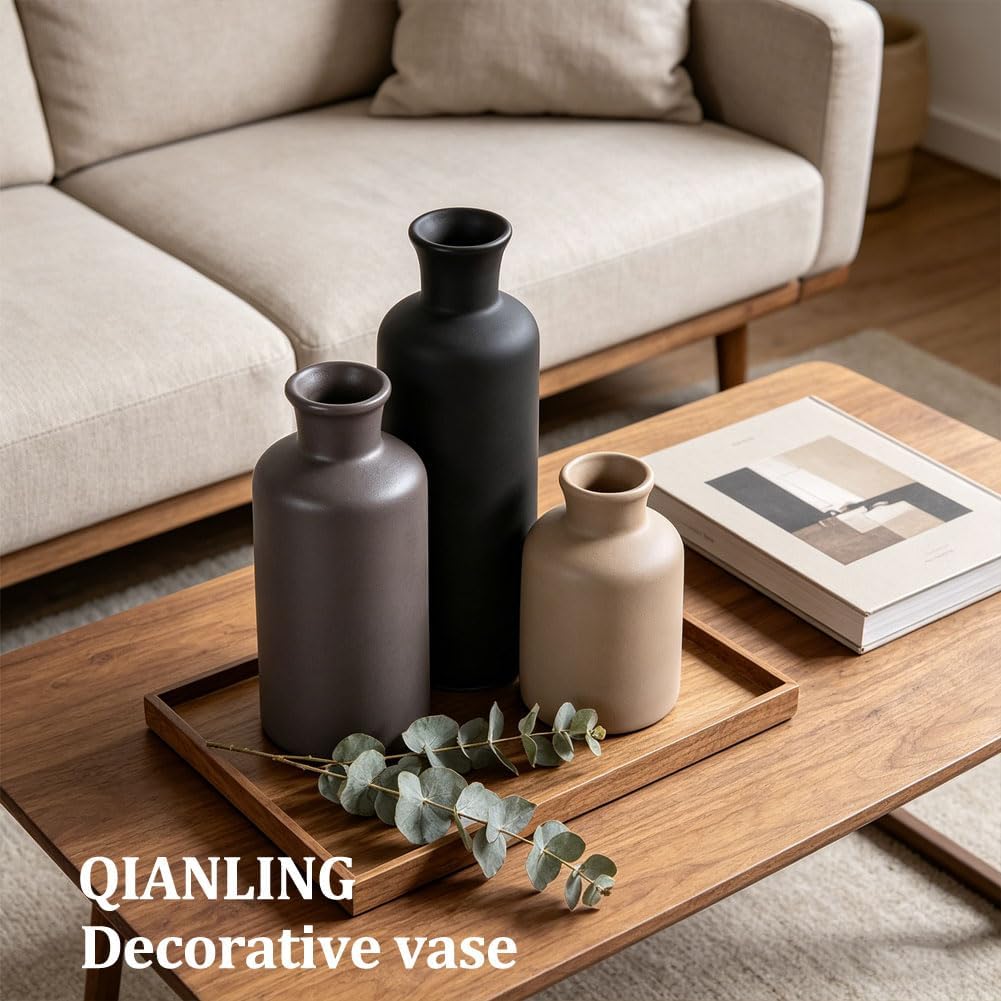 Ceramic Vase Set of 3 - Modern Neutral Vases for Home Decor Rustic Farmhouse Decor Pampas Vase for Table Mantel Entryway Shelf Living Room Kitchen Bathroom