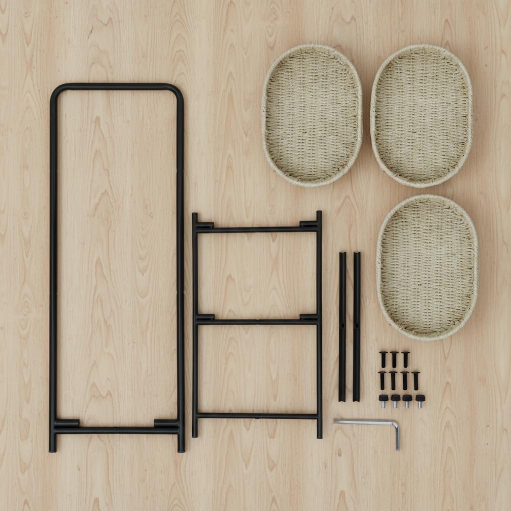 3-Tier Storage Side Table with Paper Rope Woven Baskets, Black Metal Frame, Natural Oval Trays, 11.81x8.26x28.74 Inches, Modern Farmhouse Design for Living Room, Kitchen
