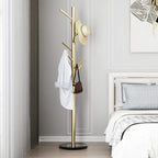 Jolitac Metal Coat Rack Stand Golden Satin Steel Finish Stable Marble Base, High-Grade with Hooks Metal Tree Hat & Coat Hanger Floor Free Standing Wall Bedroom Easy Assembly (Golden)