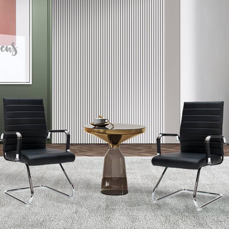 Black Waiting Room Guest Chair No Wheels, Leather Conference Room Reception Chair with Back Support, Ergonomic Desk Chairs with Sled Base, Set of 2, Black.