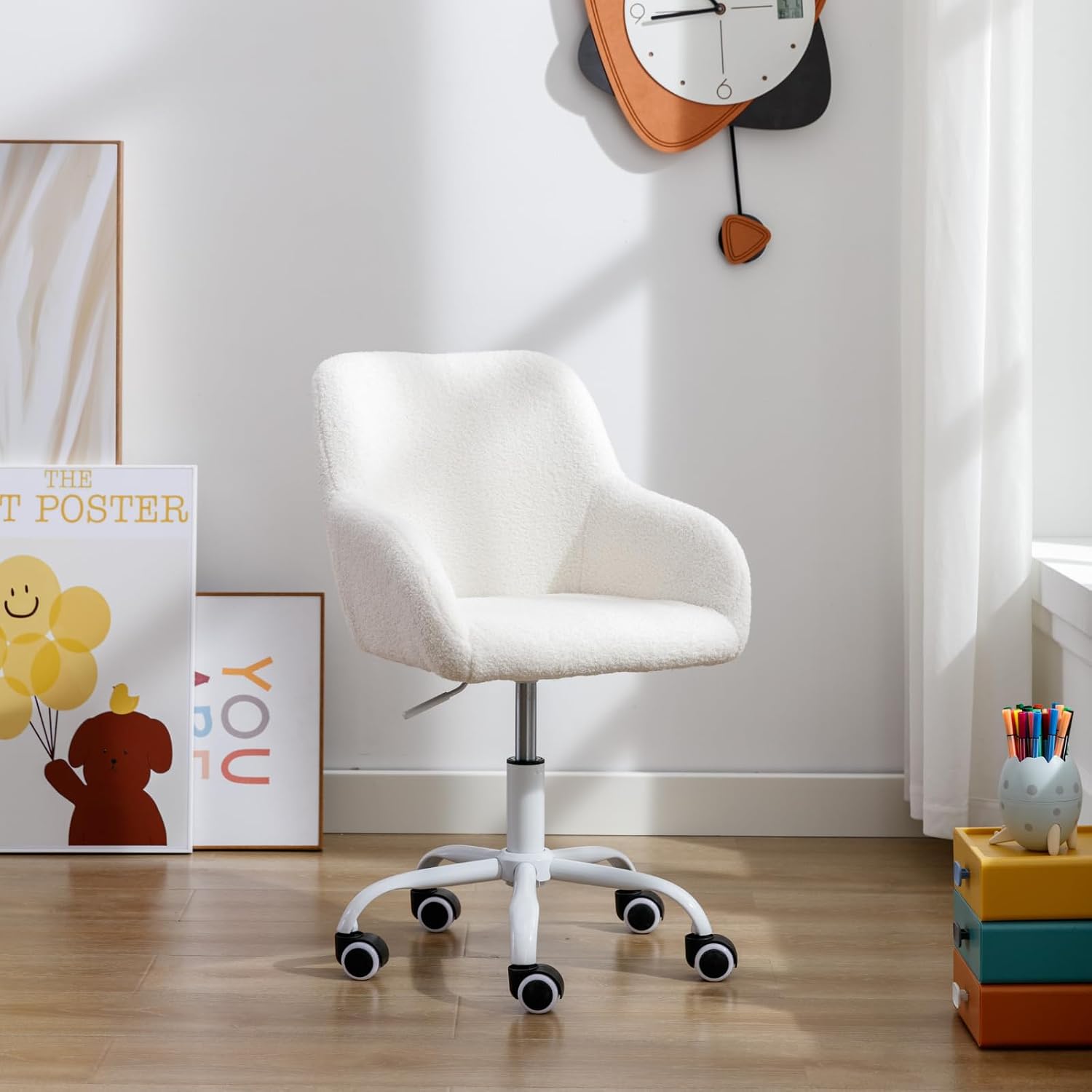 Ya-Home Kids Desk Chair Faux Fur Upholstered Swivel Reading Chair, Cute Adjustable Study Chair with White Wheels for Reading Room Bedroom, White
