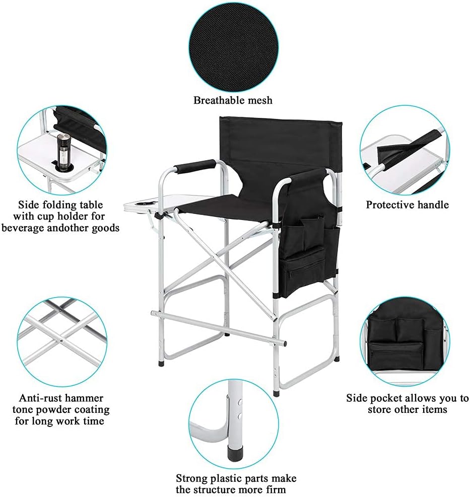Tall Directors Chair, 41'' Portable Makeup Artist Chair with Side Table, Tall Folding Chair for Camping, Home Patio, Golf Course, Cup Holder and Storage Bag, Weight Capacity 400LBS