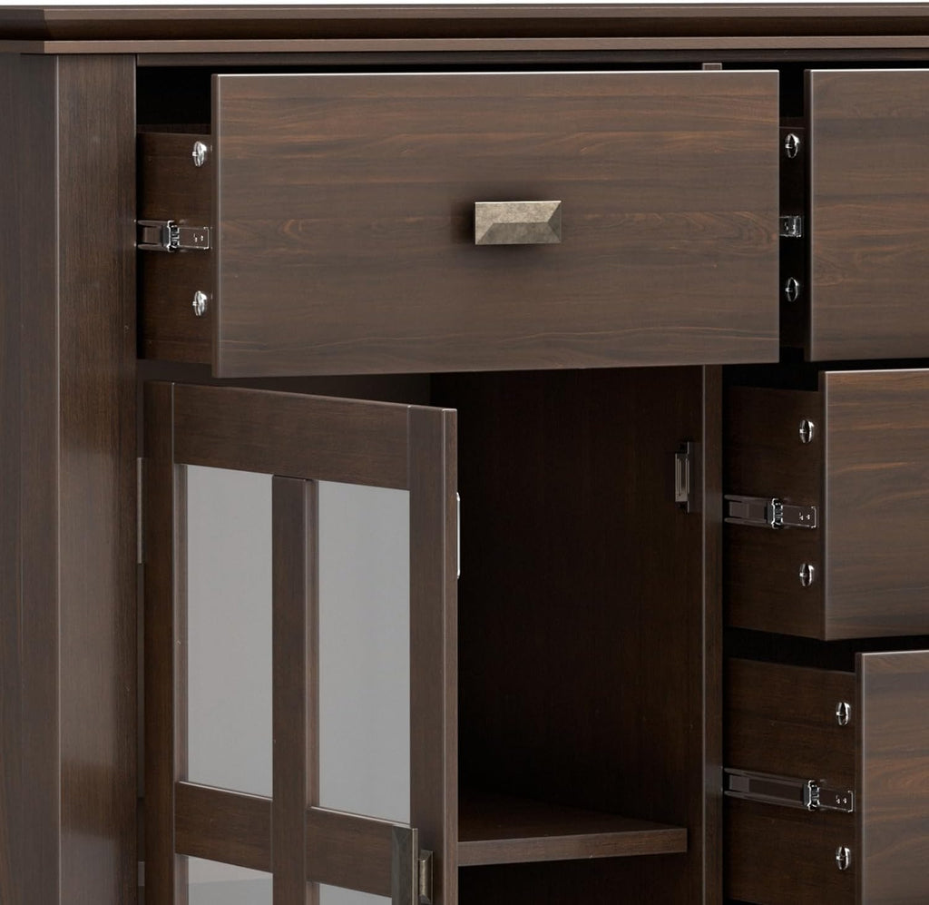 SIMPLIHOME Artisan Buffet - 54 inch Wide Solid Wood 3-Door Sideboard Buffet in Natural Aged Brown, Transitional Storage Cabinet for Dining Room or Kitchen with Adjustable Shelves and Bronze Hardware