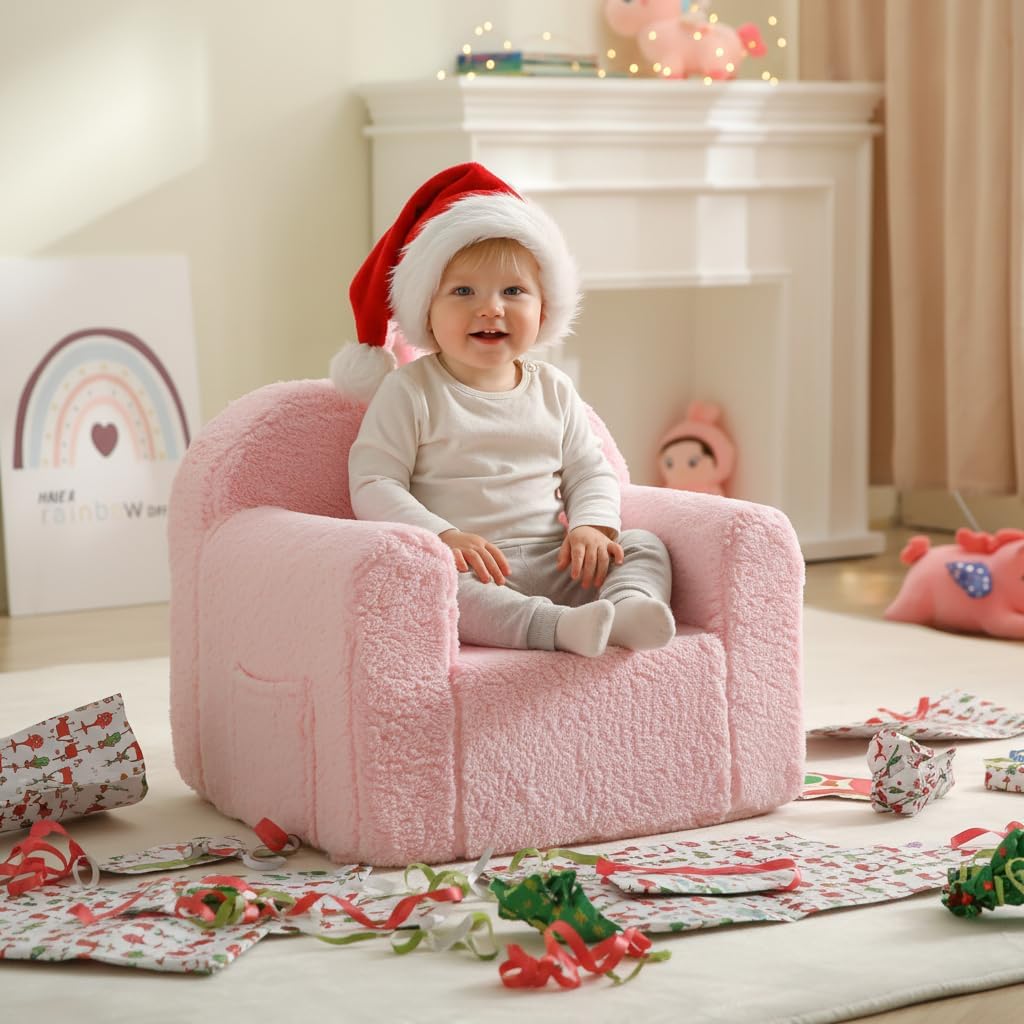 Kids Chair Comfy Toddler, Soft Baby Chair for Boys & Girls, Portable Toddler Reading Armchair with Removable Washable Sherpa Cover, Pink