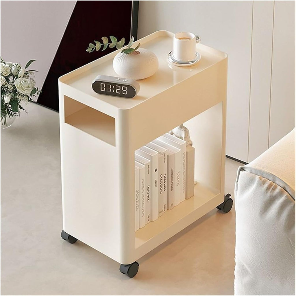 Center Table Small Coffee Table with Wheels Modern Simple Household Movable Iron Sideboard Living Room Square Sofa Side Storage Shelf(White)