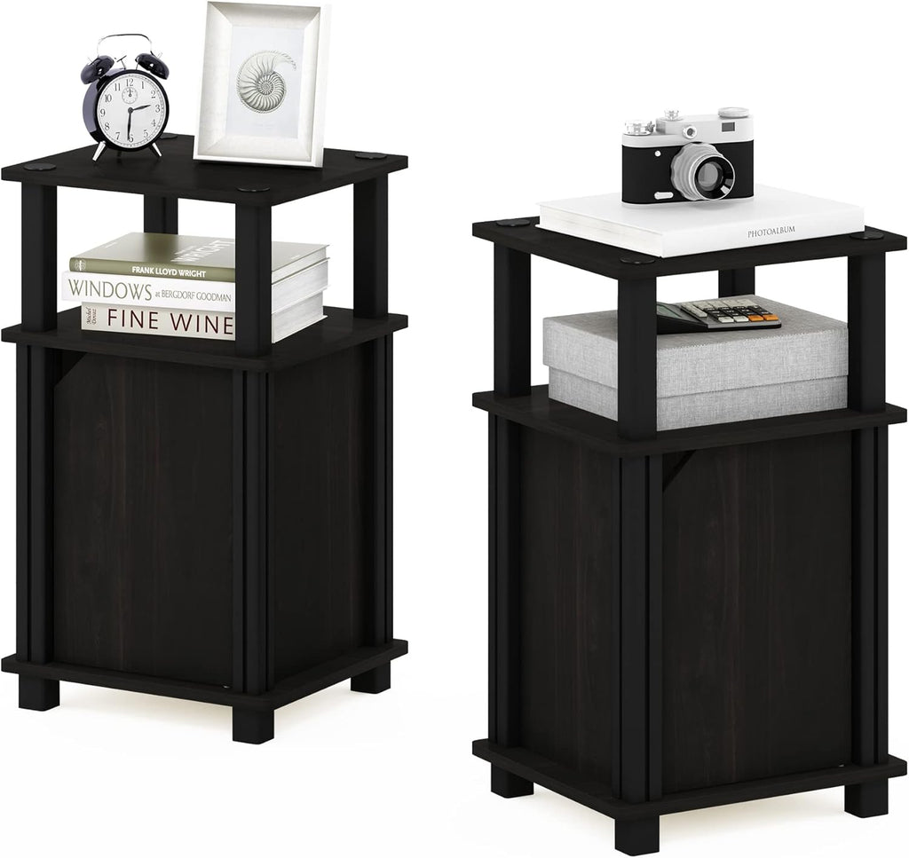 JUST Side Table Set of 2, 3-Tier Modern Square End Table with Door Cabinet, Night Stand, Bedside Table with Open Shelf, Easy Assembly, for Living Room, Bedroom, Espresso