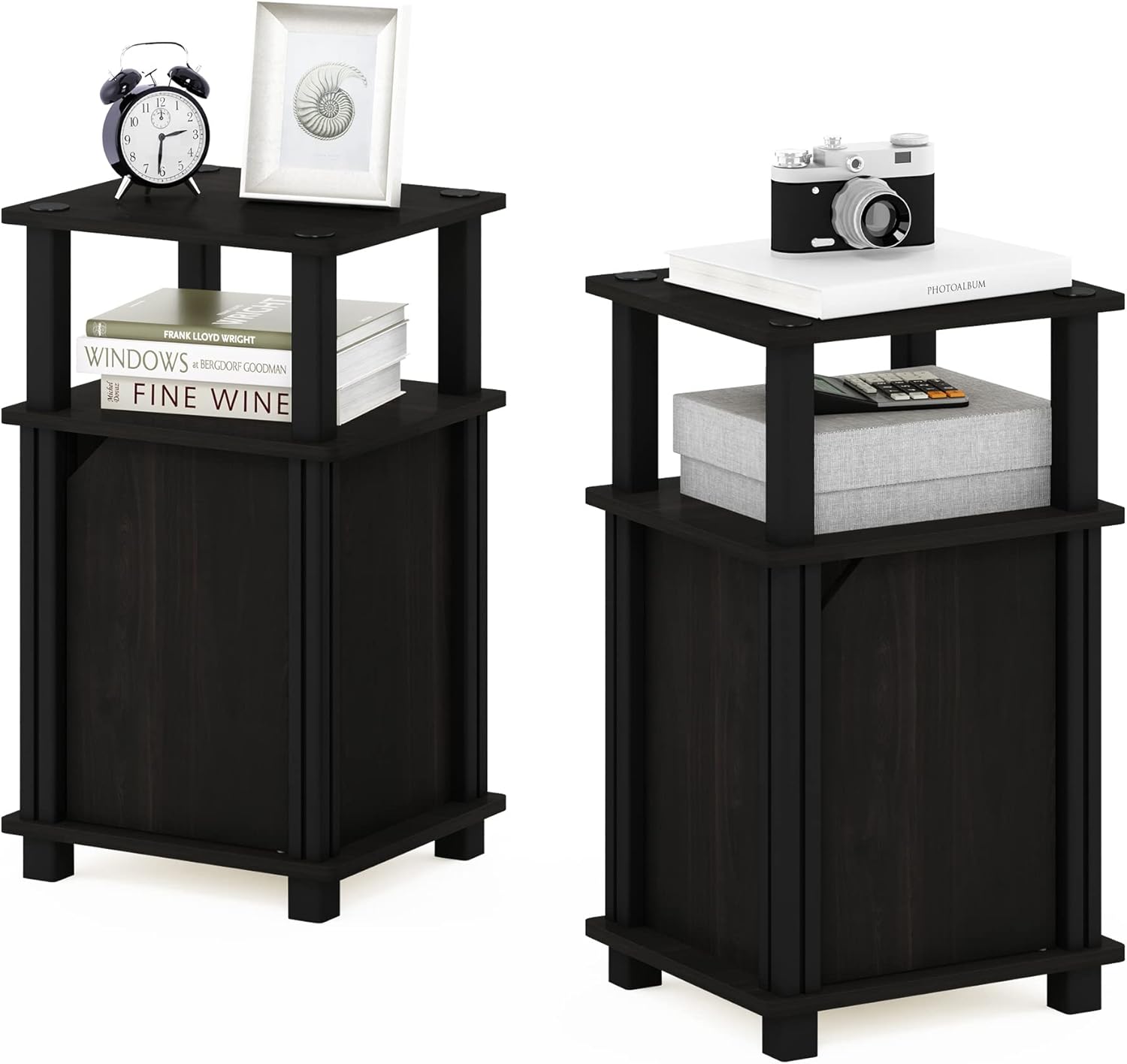 JUST Side Table Set of 2, 3-Tier Modern Square End Table with Door Cabinet, Night Stand, Bedside Table with Open Shelf, Easy Assembly, for Living Room, Bedroom, Espresso