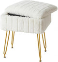 FUXA Vanity Stool Chair with Storage, White Faux Fur Makeup Chair with 4 Metal Legs and Anti-Slip Feet, Soft Padded Seat, Small Footrest Footstool Ottoman, Multifunctional Stool for Bedroom