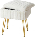 FUXA Vanity Stool Chair with Storage, White Faux Fur Makeup Chair with 4 Metal Legs and Anti-Slip Feet, Soft Padded Seat, Small Footrest Footstool Ottoman, Multifunctional Stool for Bedroom