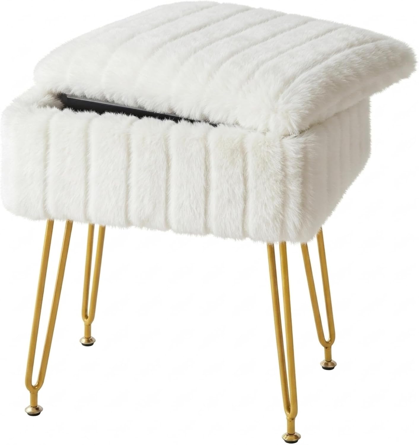 FUXA Vanity Stool Chair with Storage, White Faux Fur Makeup Chair with 4 Metal Legs and Anti-Slip Feet, Soft Padded Seat, Small Footrest Footstool Ottoman, Multifunctional Stool for Bedroom