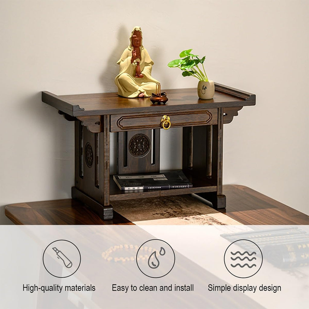 2-Tier Meditation Table, Personal Shrine Altar Cabinet with Retractable Pull Plate, Bamboo Prayer Table for Living Room, Bedroom, Office(19.6 * 9.8 * 11in)
