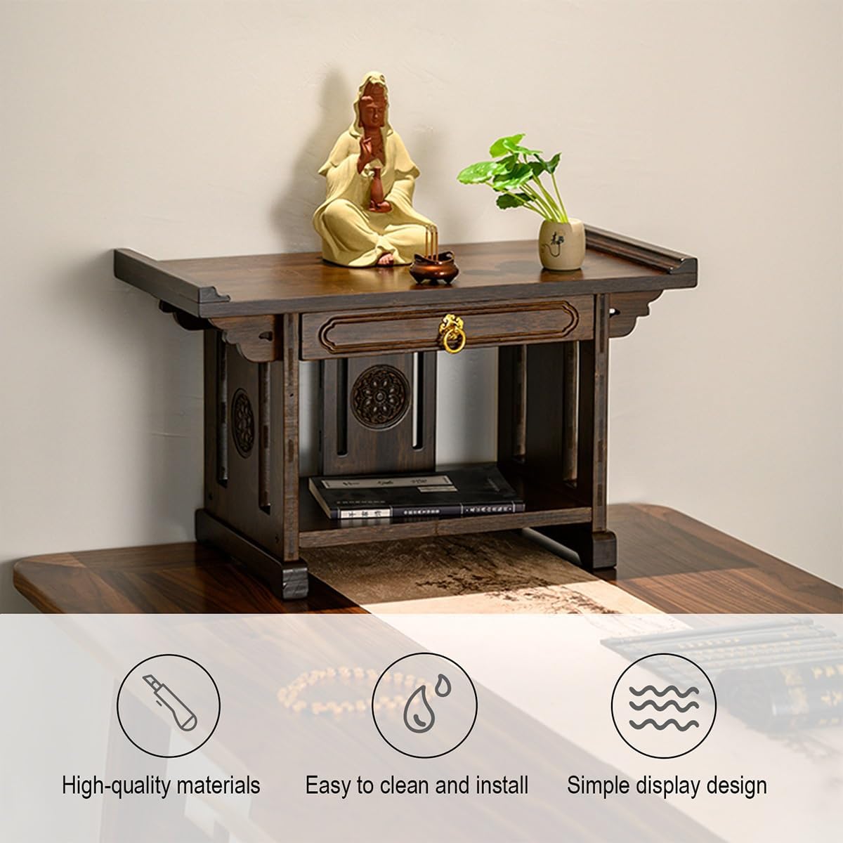 2-Tier Meditation Table, Personal Shrine Altar Cabinet with Retractable Pull Plate, Bamboo Prayer Table for Living Room, Bedroom, Office(19.6 * 9.8 * 11in)