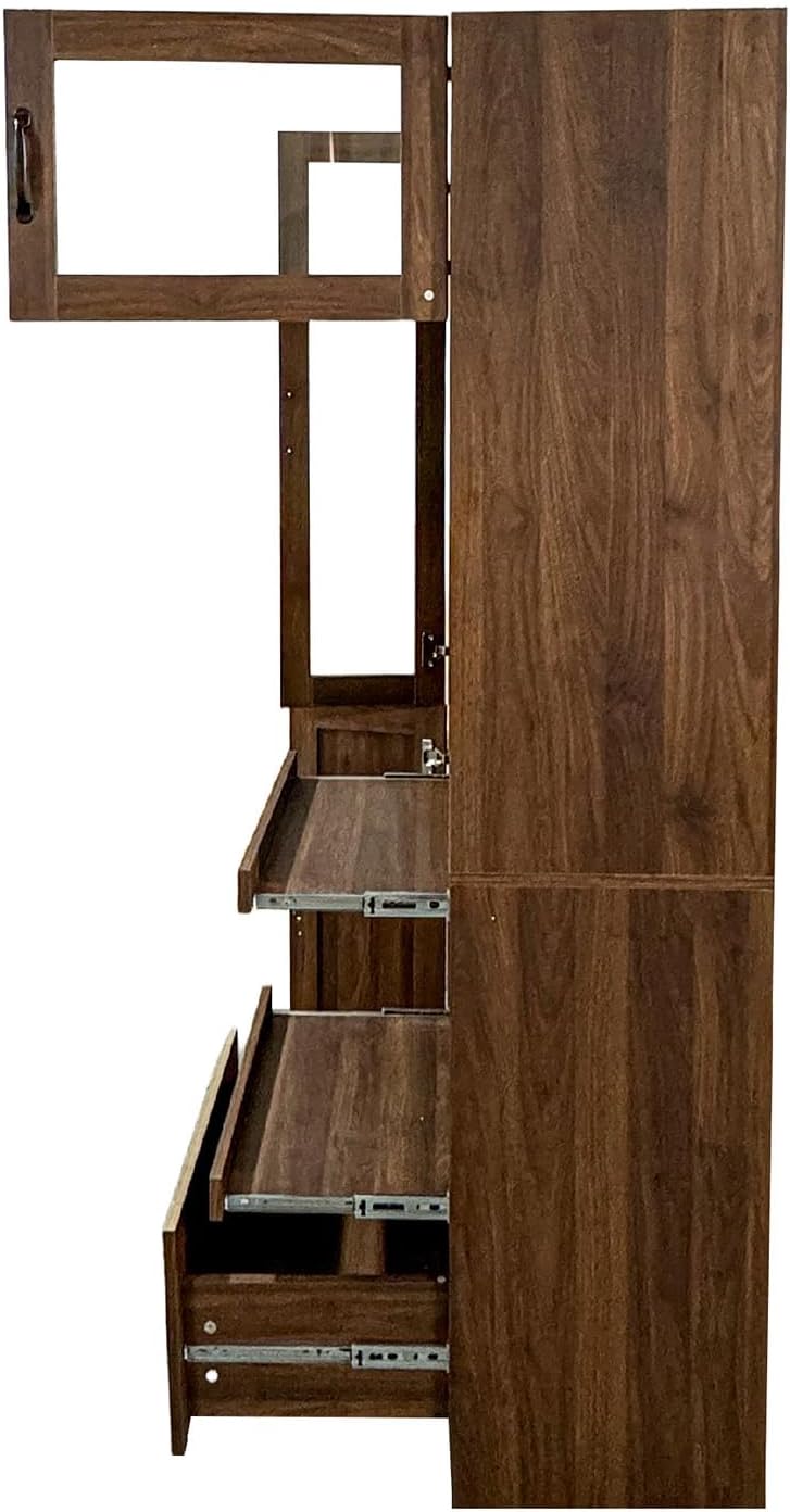JOYSOURCE Tall Kitchen Hutch Cabinet with Pull-Out Shelves, Storage Drawer, Glass Doors Freestanding Pantry Large Kitchen Cupboard for Dining Room with Microwave Countertop Walnut Finish