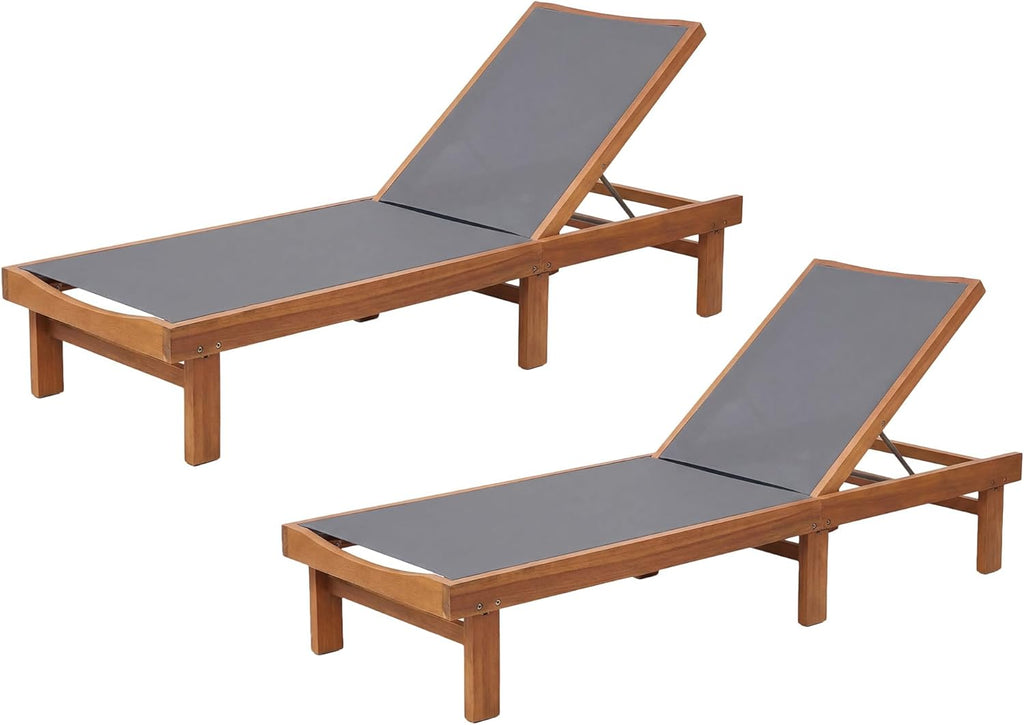COSTWAY Set of 2 Patio Wood Chaise Lounge Chair, Strong Eucalyptus Wood Frame, 5-Position Adjustable Outdoor Recliner with White Mesh (Grey)
