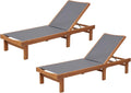 COSTWAY Set of 2 Patio Wood Chaise Lounge Chair, Strong Eucalyptus Wood Frame, 5-Position Adjustable Outdoor Recliner with White Mesh (Grey)