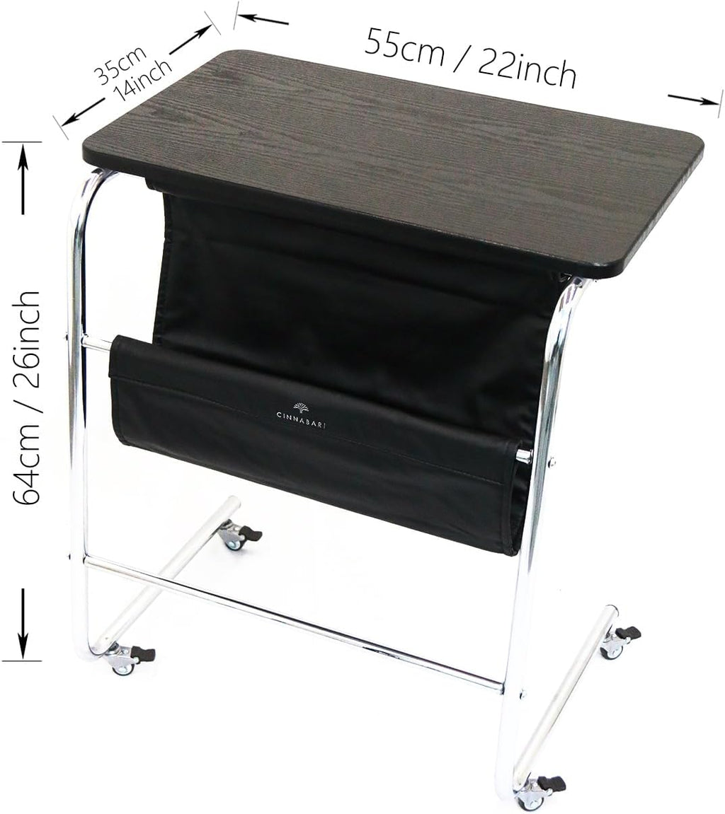 C-Shaped End Table, Movable Side Table for Couch, Sofa Table with Wood Top and Chrome Frame for Living Room, Bedroom, Bedside, Four Flexible Wheels, Black and Silver