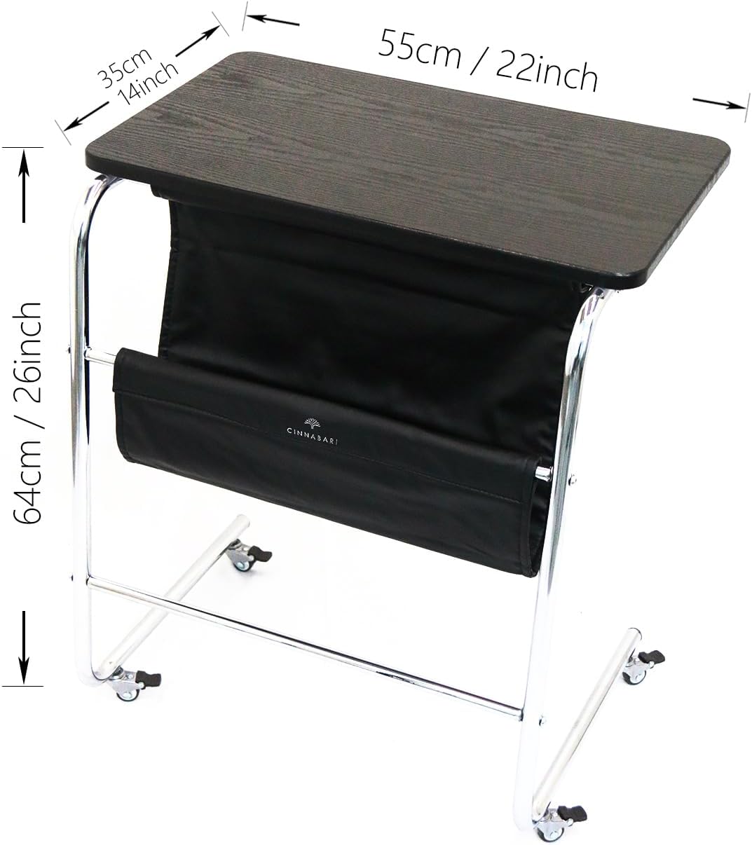 C-Shaped End Table, Movable Side Table for Couch, Sofa Table with Wood Top and Chrome Frame for Living Room, Bedroom, Bedside, Four Flexible Wheels, Black and Silver