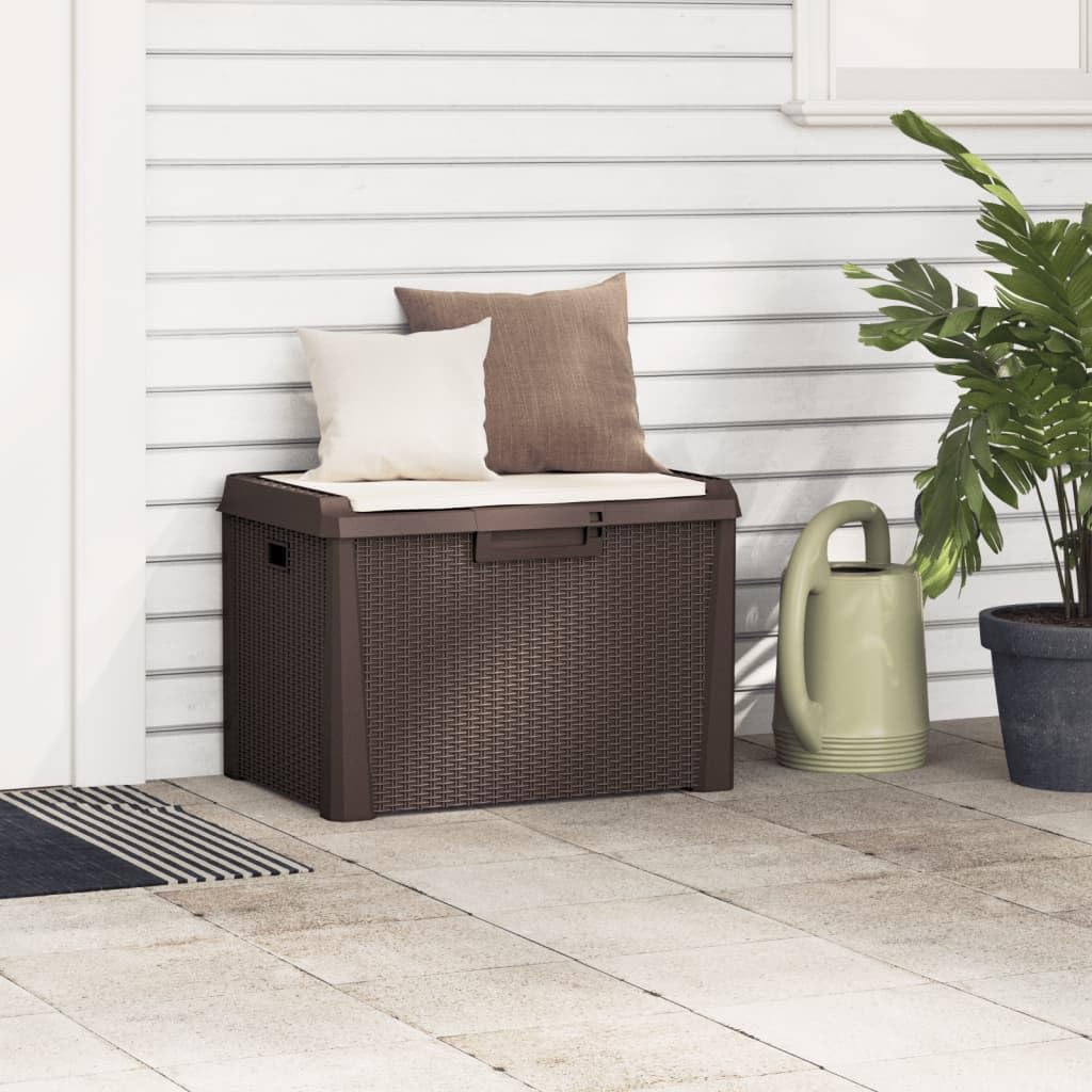 Patio Storage Box with Seat Cushion Brown 33 Gallon Resin Wicker Bench Container for Outdoor Garden Backyard Deck with Lockable Lid and Weather Resistant Design