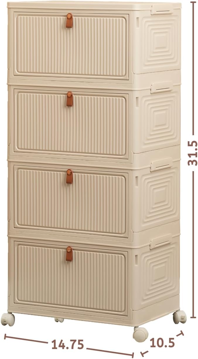 20 QT (80 QT Total) Foldable Storage Cabinet with Doors – 4 Tier Stackable Organizer, Collapsible Plastic Storage Bins with Magnetic Doors, Space-Saving Storage for Bedroom, Closet, Dorm
