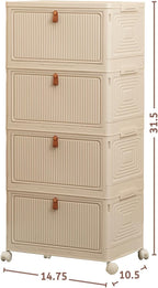 20 QT (80 QT Total) Foldable Storage Cabinet with Doors – 4 Tier Stackable Organizer, Collapsible Plastic Storage Bins with Magnetic Doors, Space-Saving Storage for Bedroom, Closet, Dorm