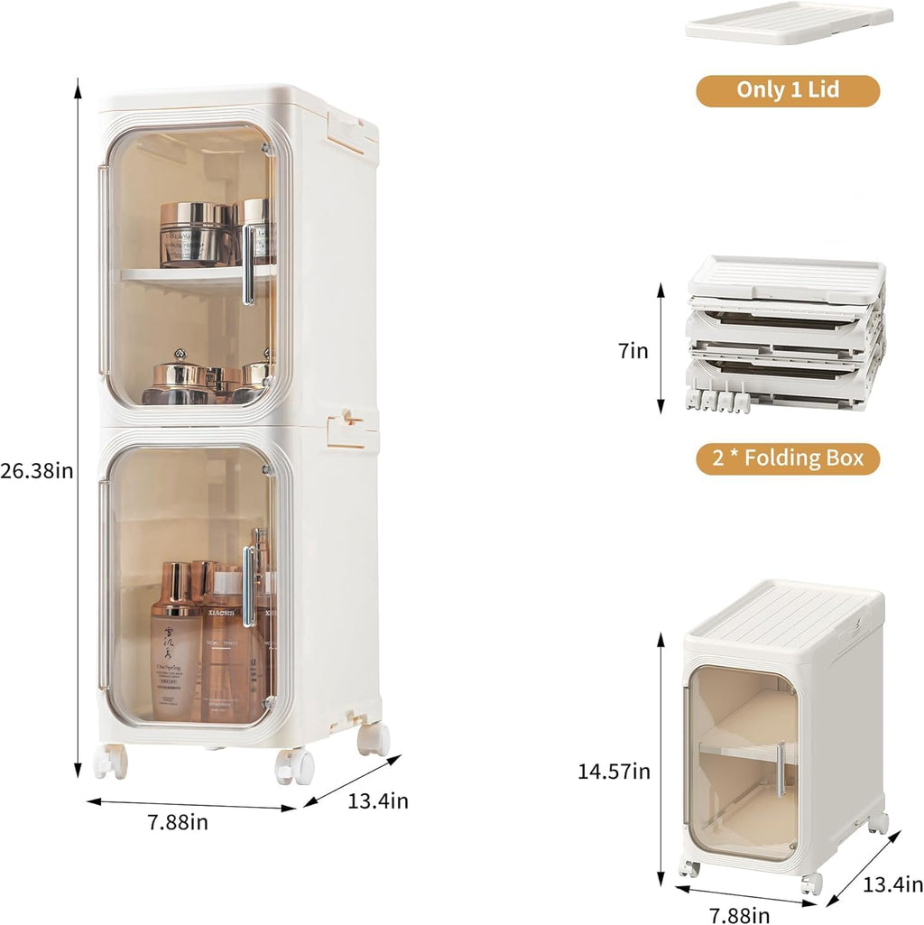 2-Tier Slim Narrow Bathroom Storage Cabinet, Cream White | Tool Free Assembly, Adjustable shelves, Fits for Narrow Spaces, Lockable Wheels, Magnetic Clear Door