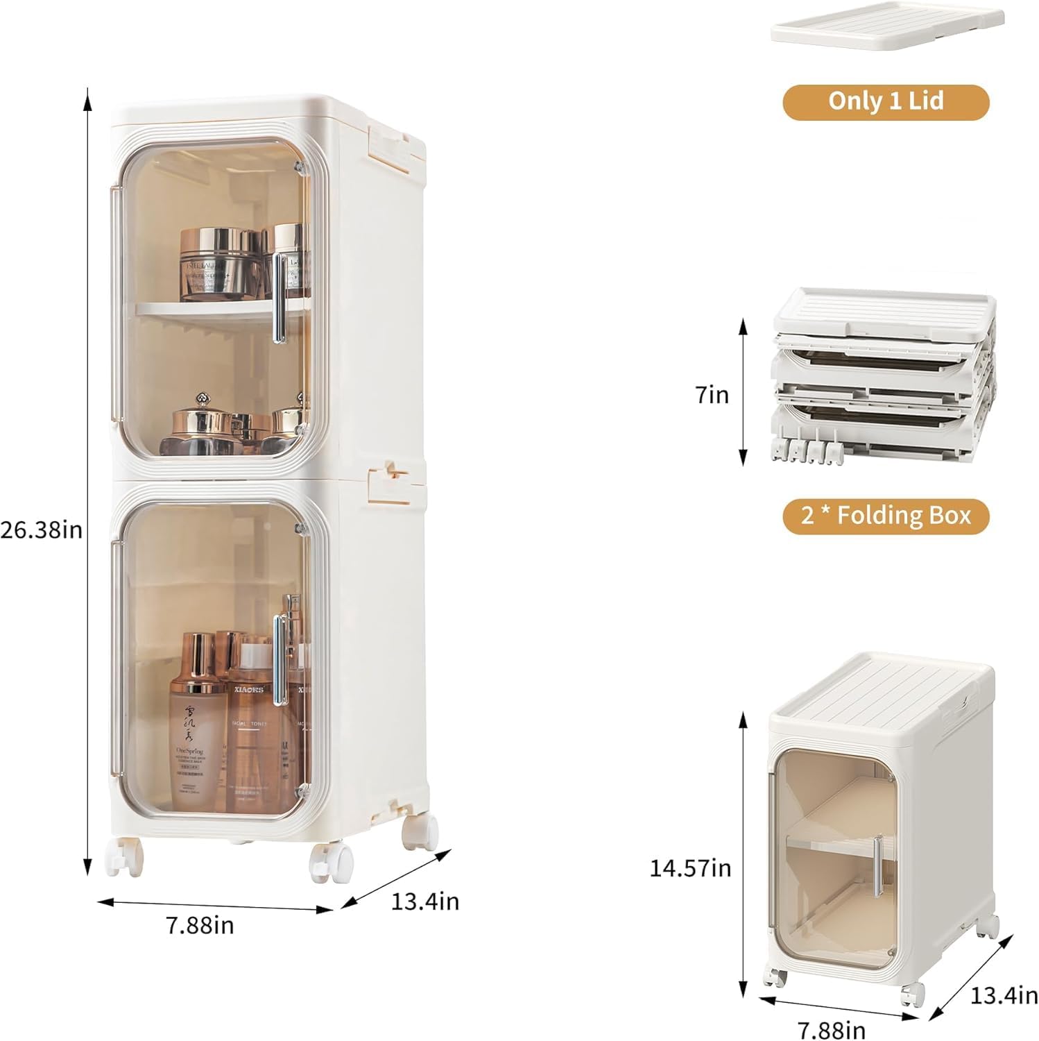 2-Tier Slim Narrow Bathroom Storage Cabinet, Cream White | Tool Free Assembly, Adjustable shelves, Fits for Narrow Spaces, Lockable Wheels, Magnetic Clear Door