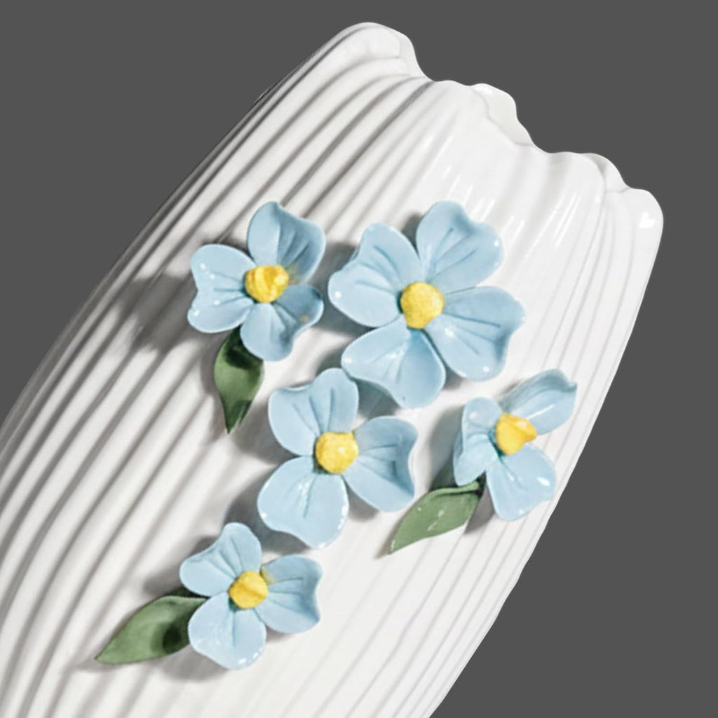 White Ceramic Vase - 7 inch Small Boho Vases Home Decor, 3D Floral Modern Vase for Pampas Grass, Centerpieces for Table, Kitchen, Living Room, Bathroom Decor