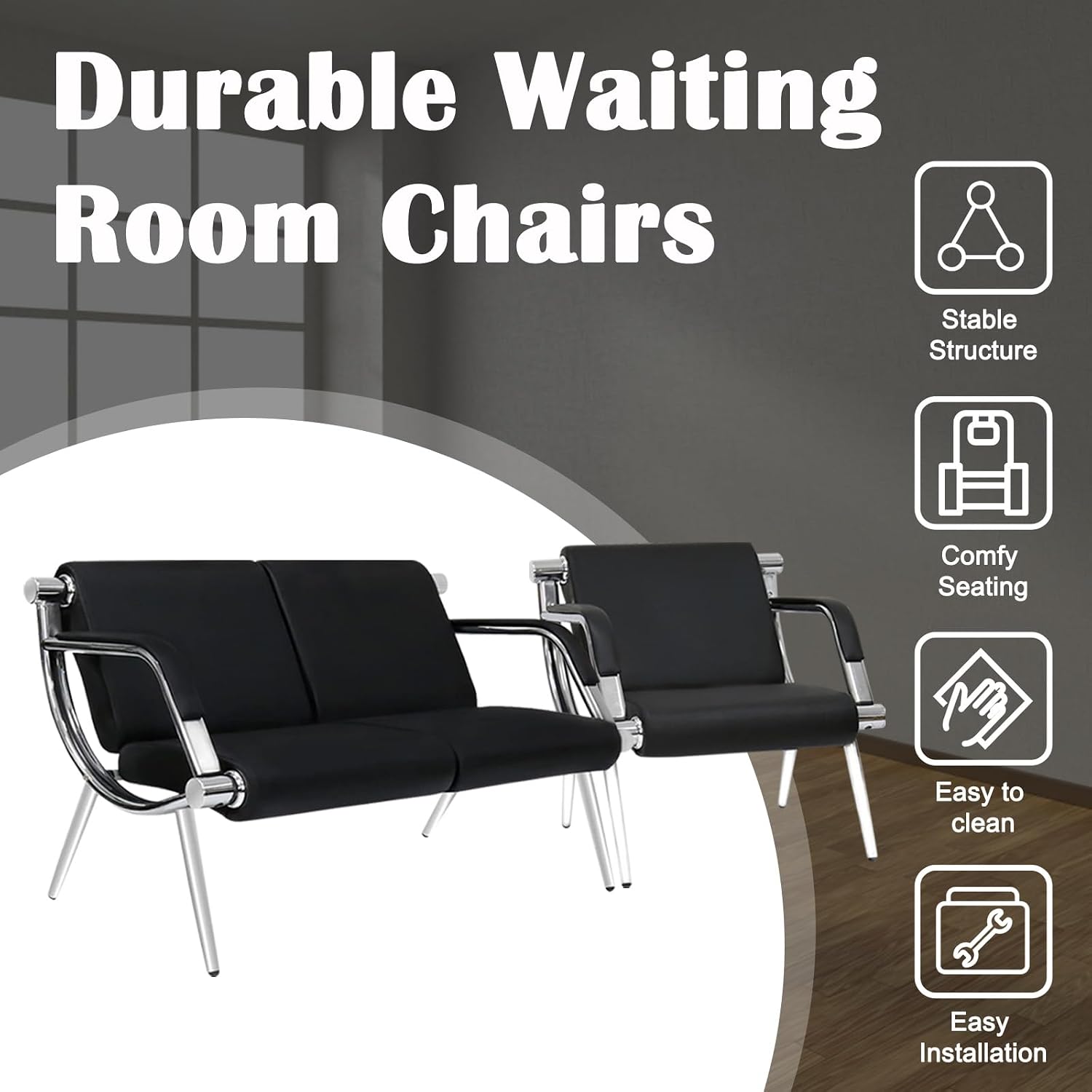 kinbor Waiting Room Chairs Office Bench - Black PU Leather Airport Seating Reception Chairs with Armrest for Waiting Room Office Bank Salon