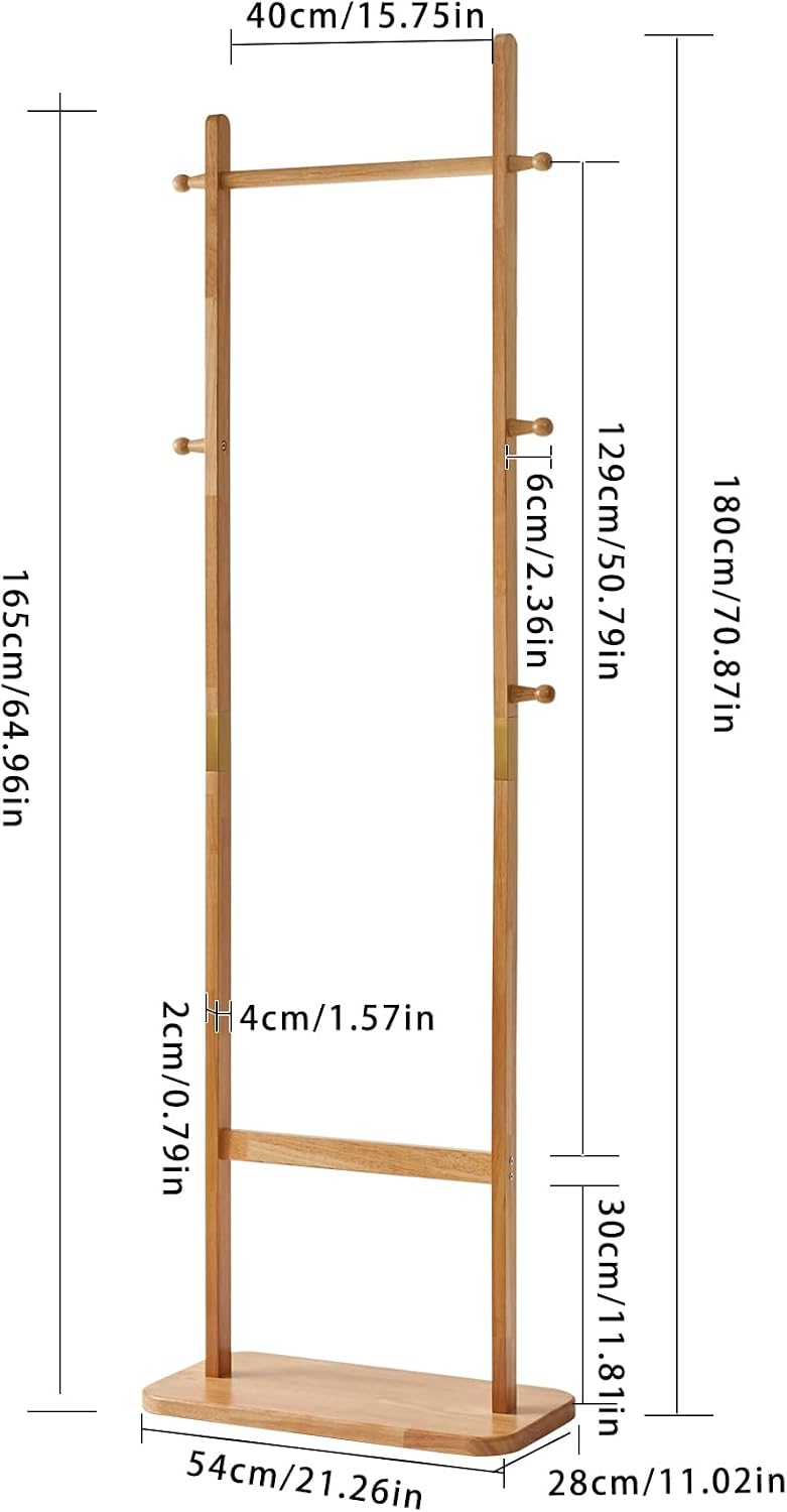 Aibiju Coat Rack Freestanding, Coat Tree with 2 Main Rods and Stable Design, Clothes Racks for Hanging Coats Clothes Suits Jacket, Easy to Assemble and Very Sturdy, Natural Wood Color USYD-202