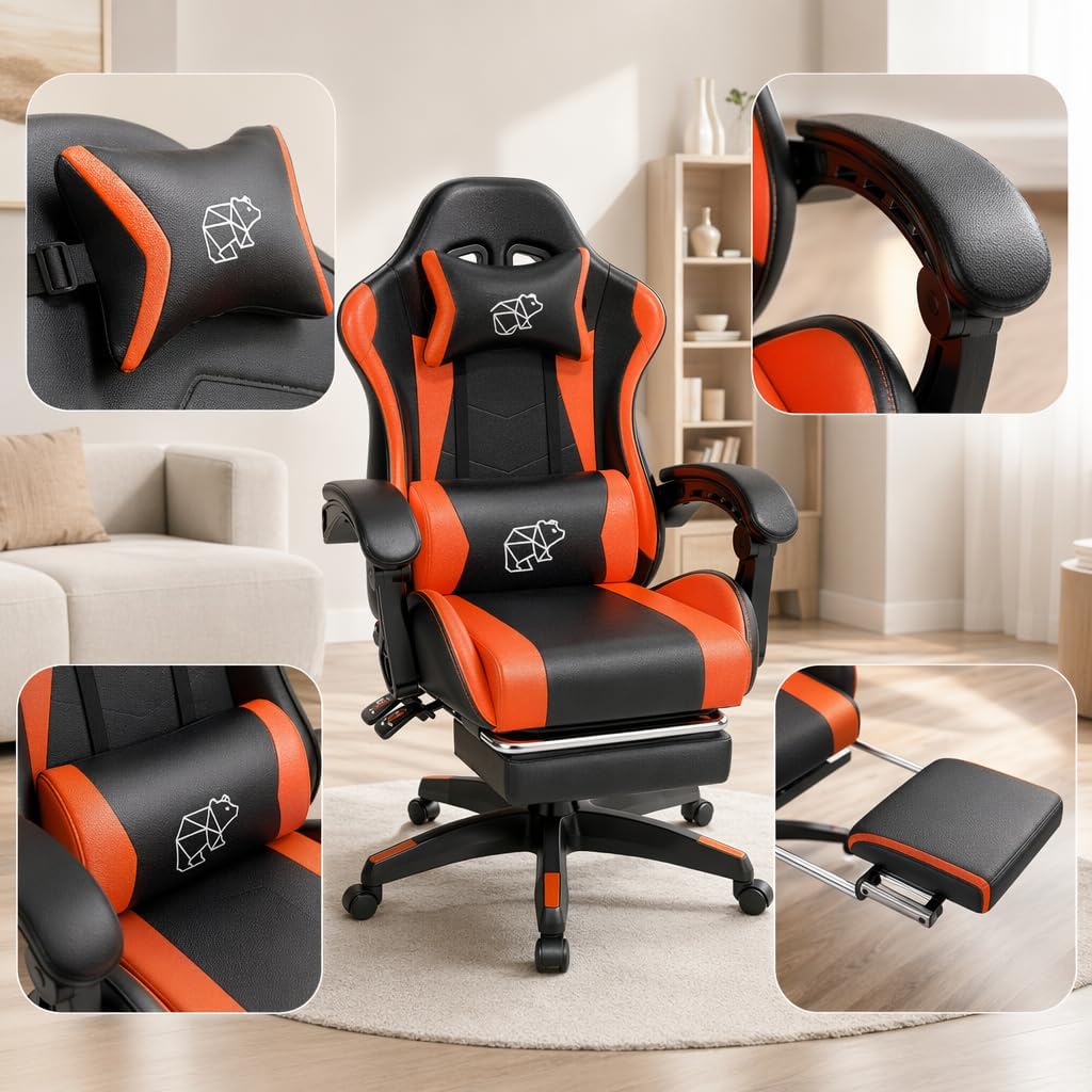 Ergonomic Gaming Chair with Footrest for Adults, Reclining High-Back Computer Chair with Lumbar Support & Headrest, PU Leather Height Adjustable Gaming Chair with Linked Armrests, Orange Black