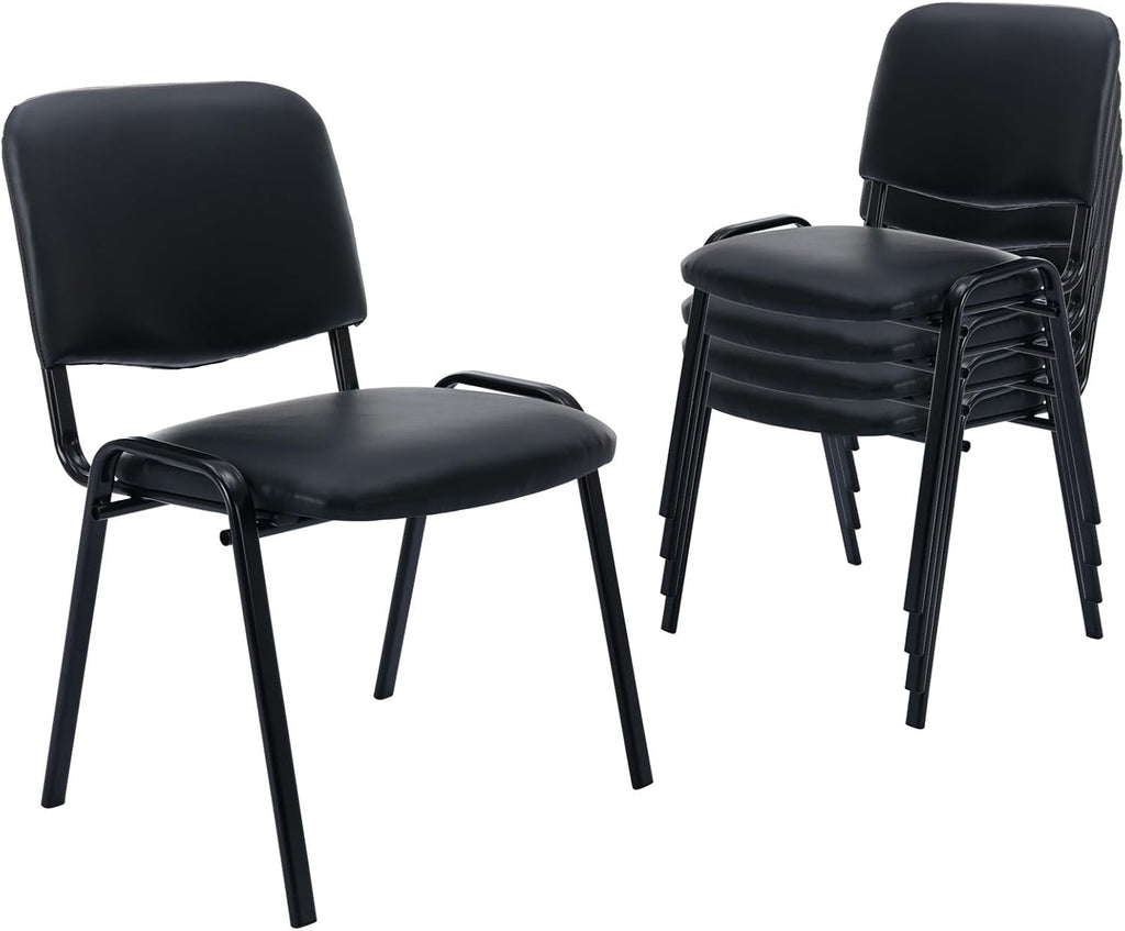 ROCITY Waiting Room Chairs Set of 5 Stackable Conference Room Chairs Faux Leather Office Reception Chair for Guest School Breakroom Banquet Church Lobby (Leather-Cushion,Black,5PCS)