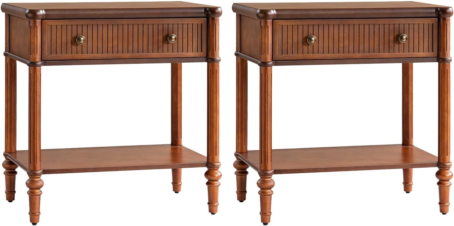 HULALA HOME Wood Nightstand with Charging Station, Traditional End Table with Solid Wood Drawer and Legs, Fluted Nightstand for Living Room, Bedroom Set of 2, Brown