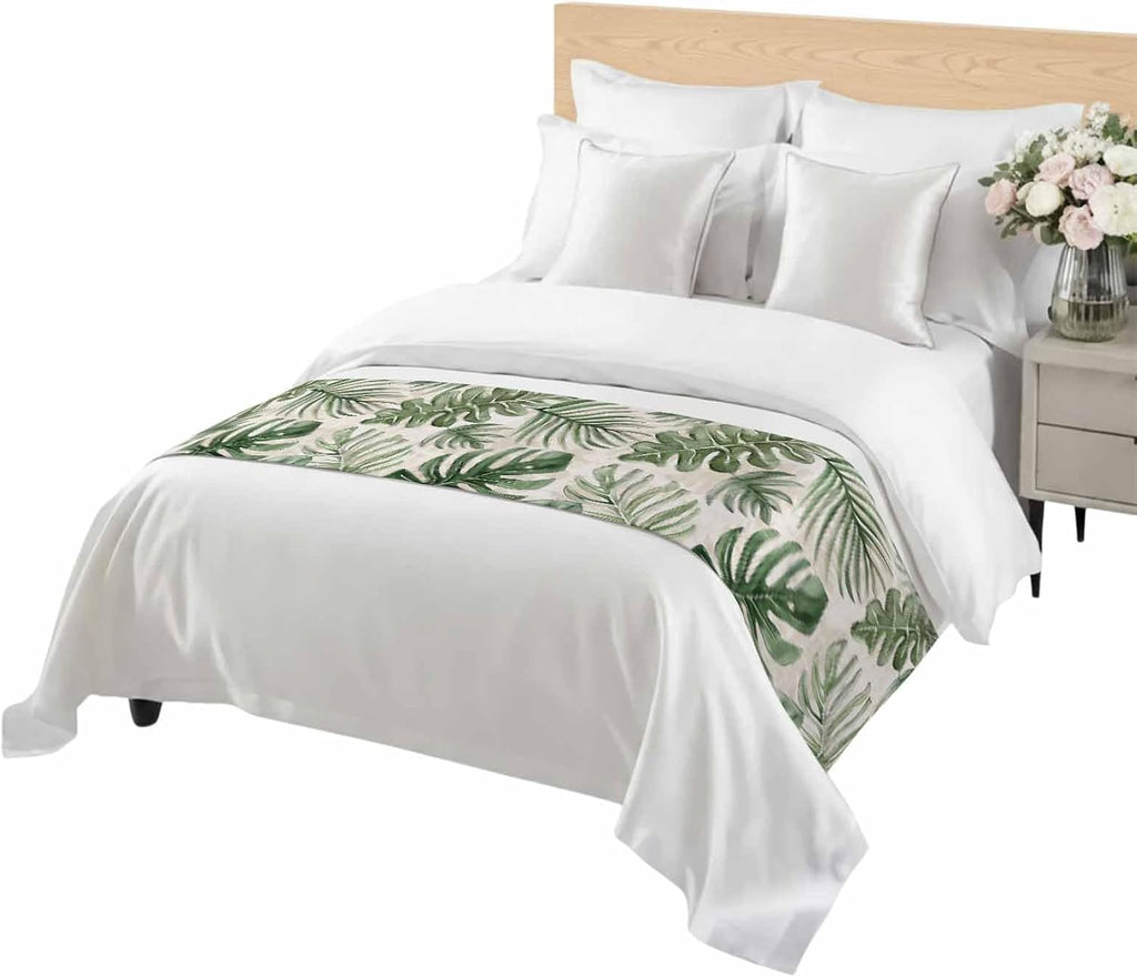 Green Monstera Deliciosa Bed Runner Scarf Cal King Size, Summer Botanical Tropical Vintage Luxury Bed Throw Runners & Scarves for Twin Full Queen King Foot of Beds, Bedroom Decoration, 102"x20"