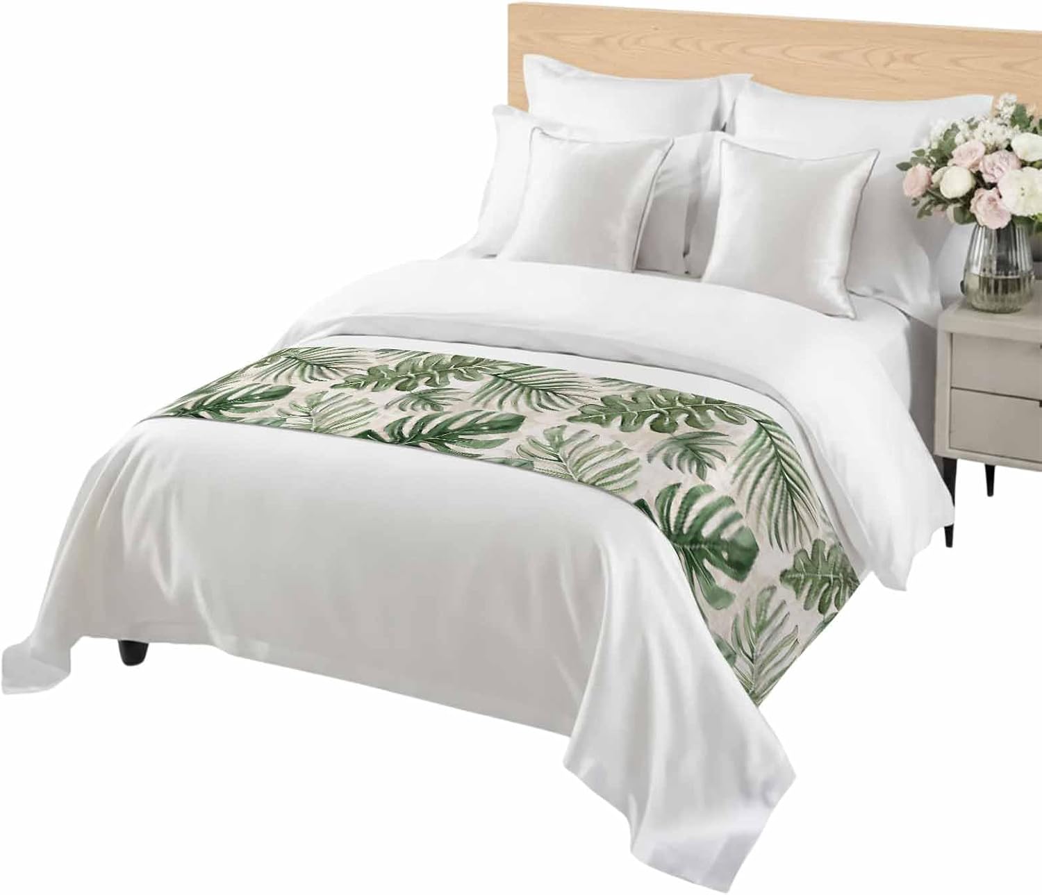 Green Monstera Deliciosa Bed Runner Scarf Cal King Size, Summer Botanical Tropical Vintage Luxury Bed Throw Runners & Scarves for Twin Full Queen King Foot of Beds, Bedroom Decoration, 102"x20"