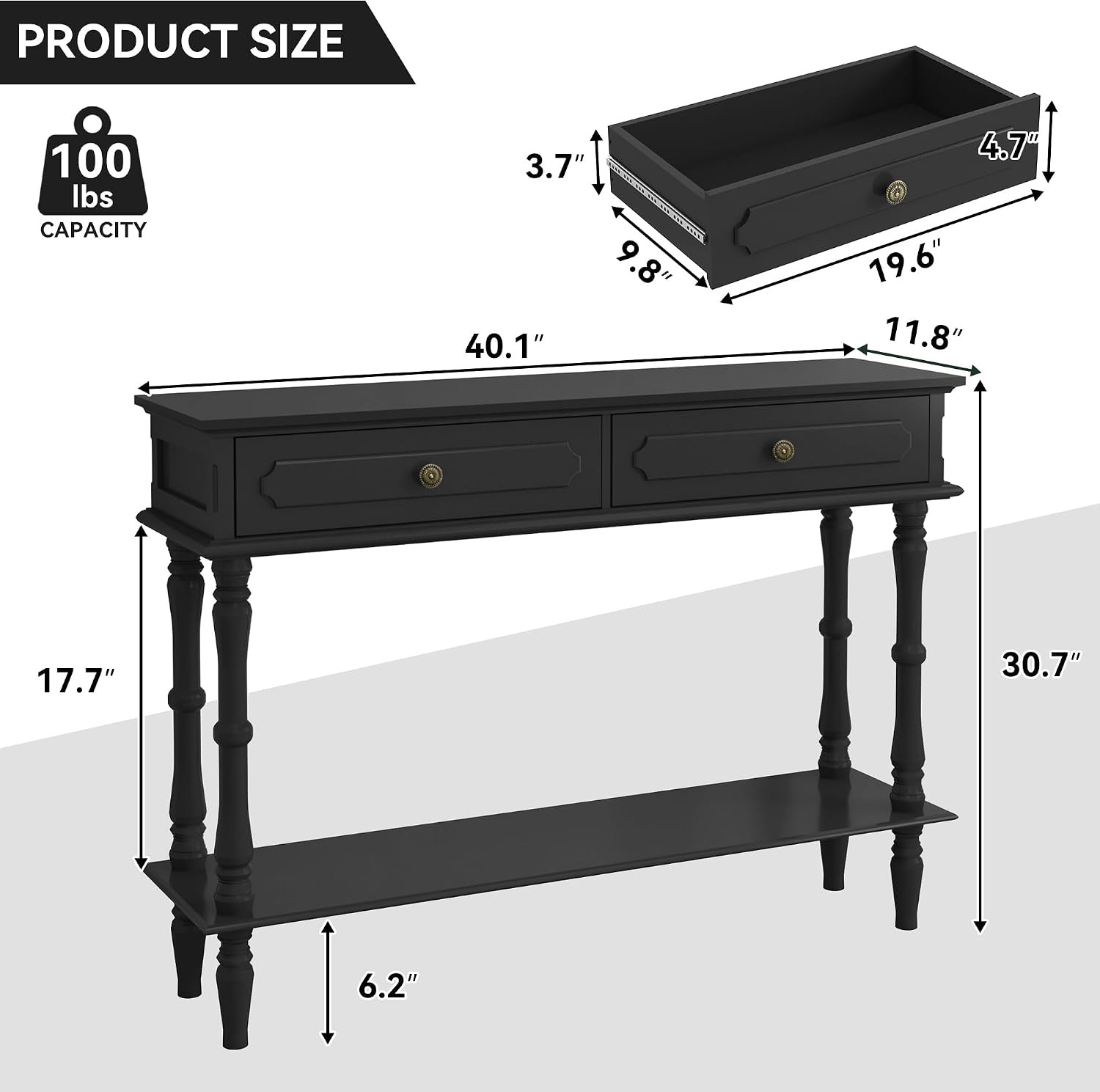 Console Table with 2 Drawers & Open Shelf, Black Retro Entryway Table with Storage Cabinets, Narrow Long Couch Table Behind Sofa for Living Room, Foyer, Hallway