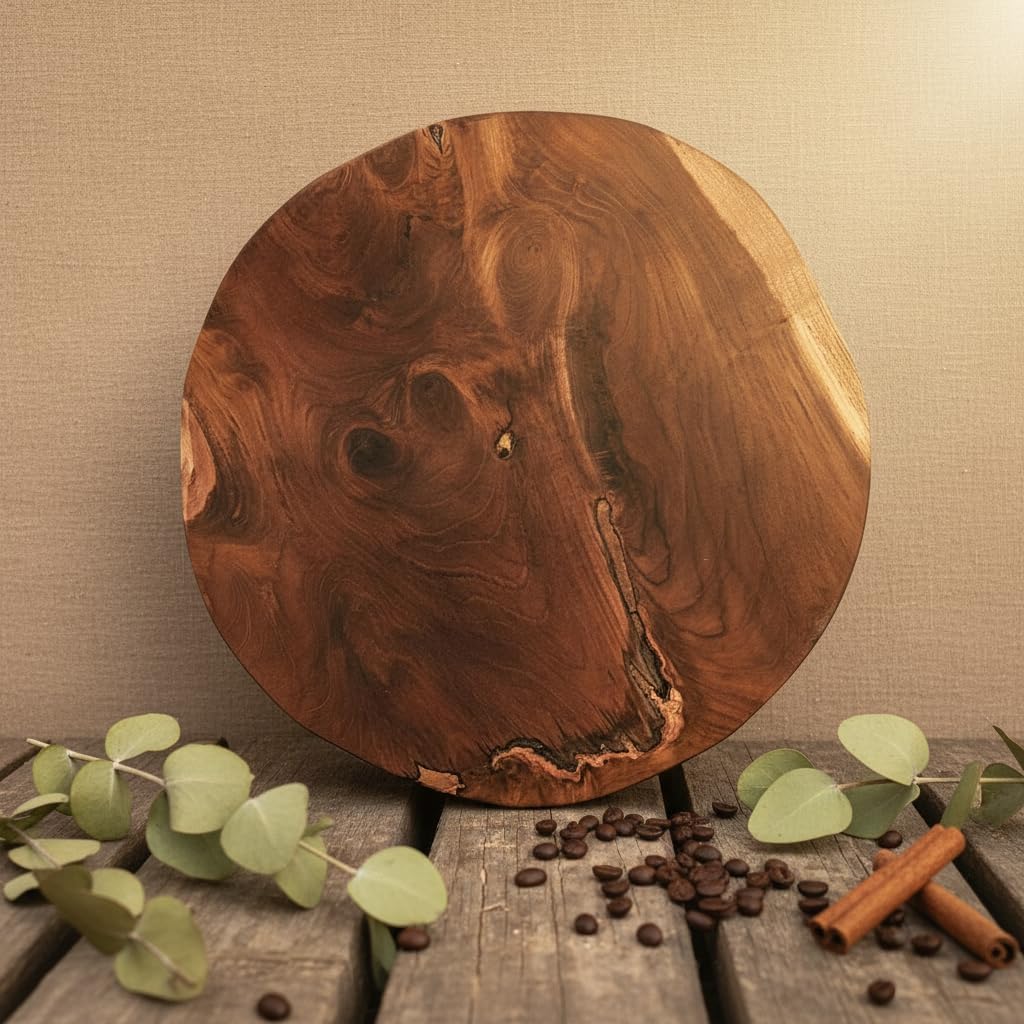 Greenage Natural Solid Wood Slab Round Board 15.5" x 15.5" x 1.95" Rustic Table Top Live Edge Brown Teak Slabs for Coffee Side Table Home Wall Decor Art