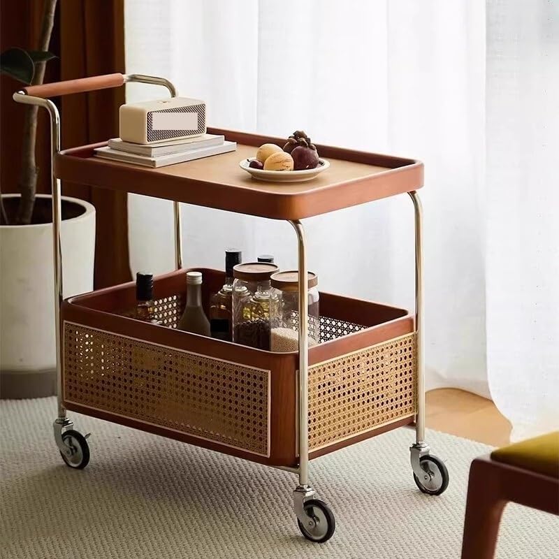 Sofa Side Table Side Table Second-Hand Trolley Wood Rattan Living Room Mobile Storage Rack Double Layer with Wheels Dining Sideboard Home End Table for Couch