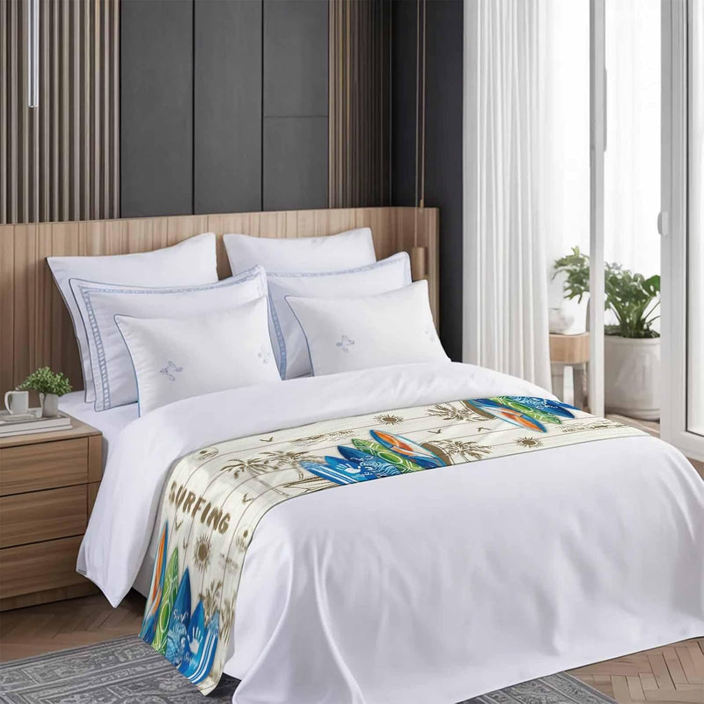 Summer Surfing Bed Runner for King Size Bed, 102"x20" Surfboard Beach Palm Trees Wood Grain Retro Luxury Bed Runners & Scarves Decorative Bedding Scarf Protector Slipcover for Home Hotel