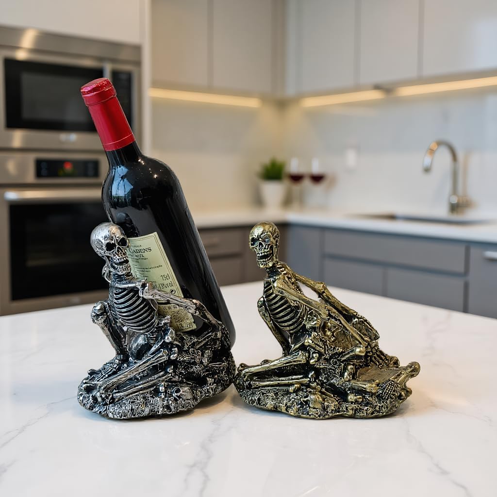 Gothic Skull Decorated Wine Bottle Rack, Halloween countertop Small Wine Rack, Room Emotional Decoration (Bronze)