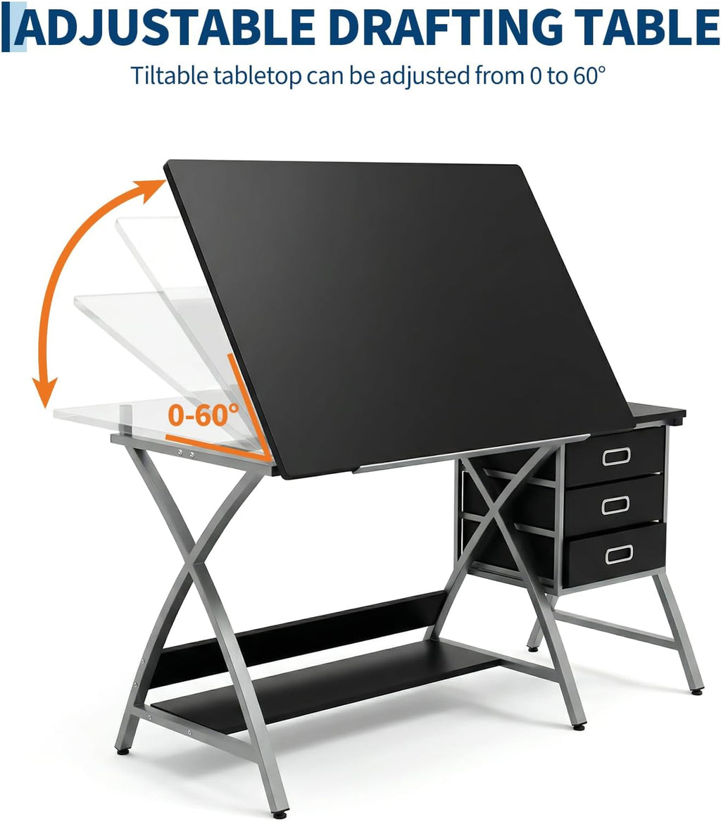 Garvee Tabletop Adjustable Drafting Table, Drawing Table for Adults, Drafting Desk Art Desk with Stool & 3 Storage Drawers, Modern Painting Studio Work Station for Home Office, 50.5 x 24 x 45 inch