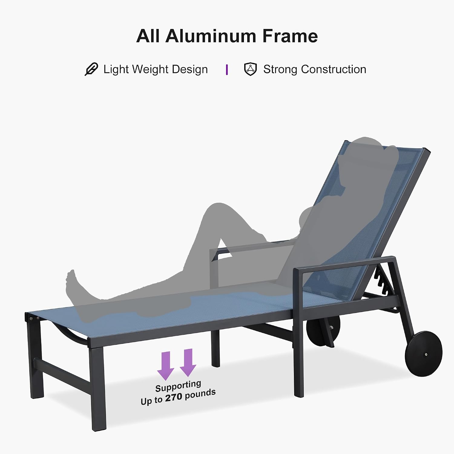 PURPLE LEAF Outdoor Chaise Lounge Set for 2 Aluminum Patio Chaise Lounger Chair with Armrest and Wheels Adjustable Pool Chaise Lounge Chairs for Beach Yard Poolside Table Included, Indigo