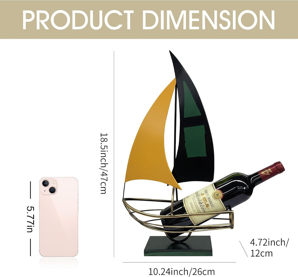 Metal Sailboat Wine Rack for Countertop – Decorative Wine Bottle Holder for Kitchen Bar Dining Table, Boat Sculpture Wine Stand Nautical Home Decor (Yellow and Green)