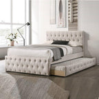 Contemporary Full Size Bed w, Trundle Slats Light Brown Burlap Upholstered Tufted Headboard Footboard Youth Bedroom Furniture Wooden Slats 1pc Bed