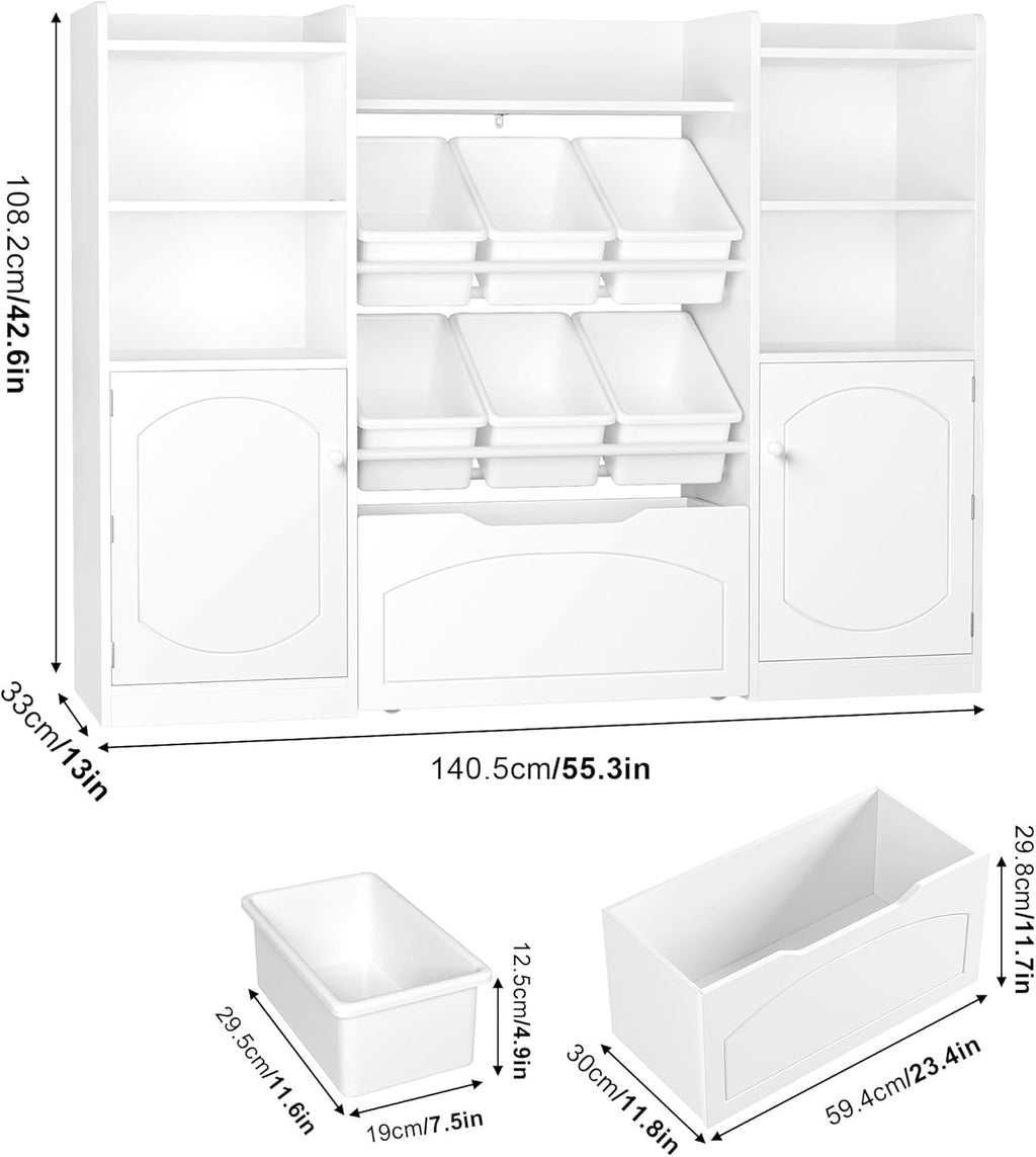 FINETONES 55” Toy Storage Organizer with 6 Toy Bins, 5-in-1 Large Kids Bookshelf with Movable Chests and 2-Tier Shelf Door, Toy Organizers and Storage Playroom Storage with Drawer, White
