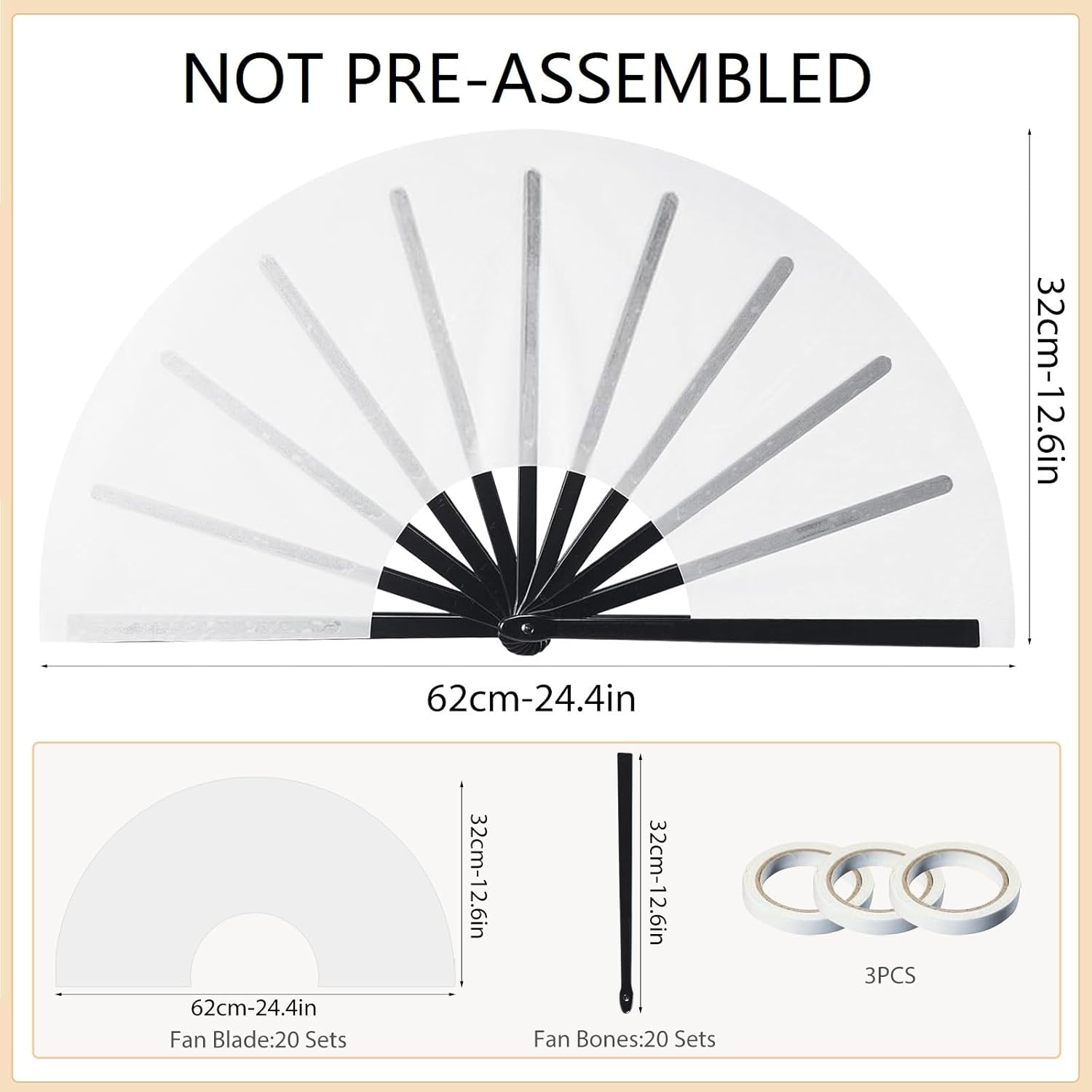 YumSur 20 Sets Sublimation Folding Clap Fan Blanks White Polyester Sublimation Fan Bulk DIY Heat Transfer Printing Fans for Line Dancing, Wedding, Graduation, Party