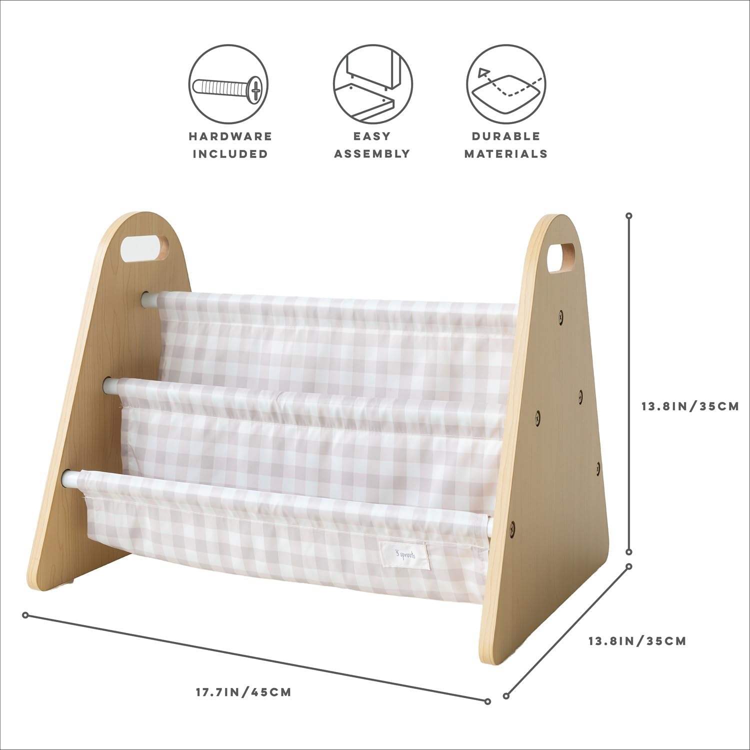3 Sprouts Double Sided Baby Bookshelf - Portable Book Shelf for Kids Rooms - Ideal Toddler Book Storage - Nursery Bookshelf - Small Bookshelf for Child's Room - Book Organizer - Gingham Beige