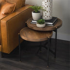 Pemberly Row Nesting Side Tables, 22.5Lx22.5Wx20.8H, Mango Wood Tray Tops, Foldable Black Metal Frames with Gold Accents, Compact Storage, Versatile Accent Tables for Living Room or Bedroom Use
