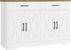 HOSTACK Buffet Cabinet with Storage, 47.2" Kitchen Sideboard Buffet with Drawers, Modern Farmhouse Coffee Bar Station with Shelves, Barn Doors Storage Cabinet for Living Room, White/Rustic Brown